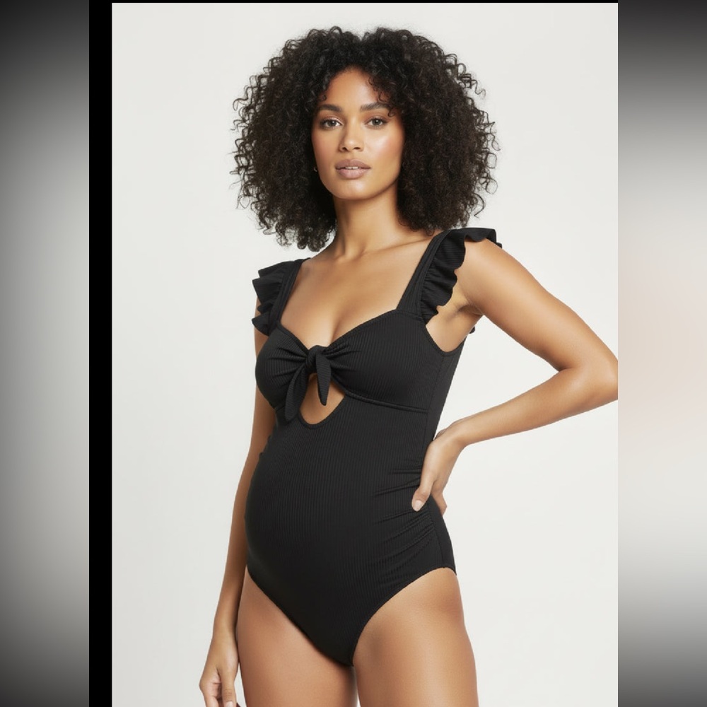 MATERNITY Charmo Black Swimsuit‎ with Ruffle Straps SMALL